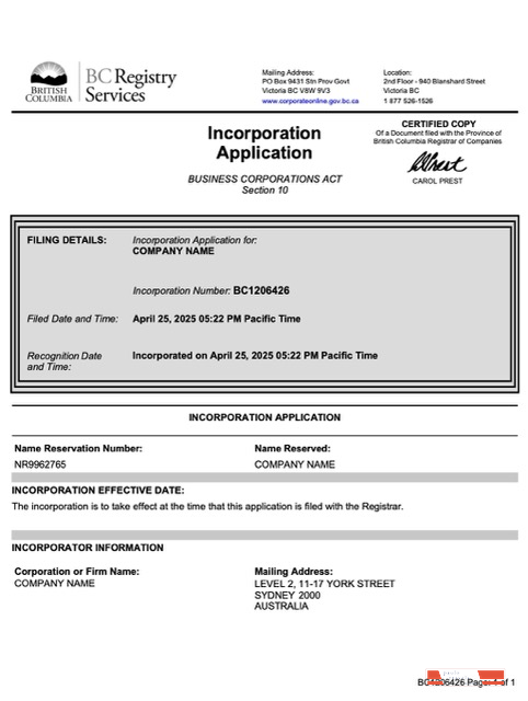 British Columbia incorporation application Word and PDF template